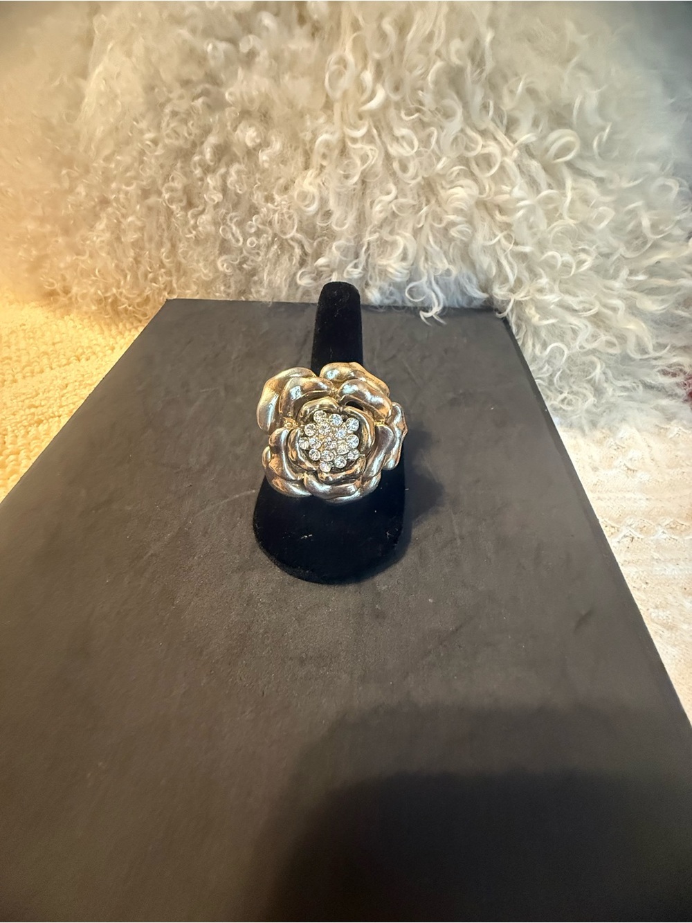Gold Floral Statement Ring with Crystal Center - Women Jewelry